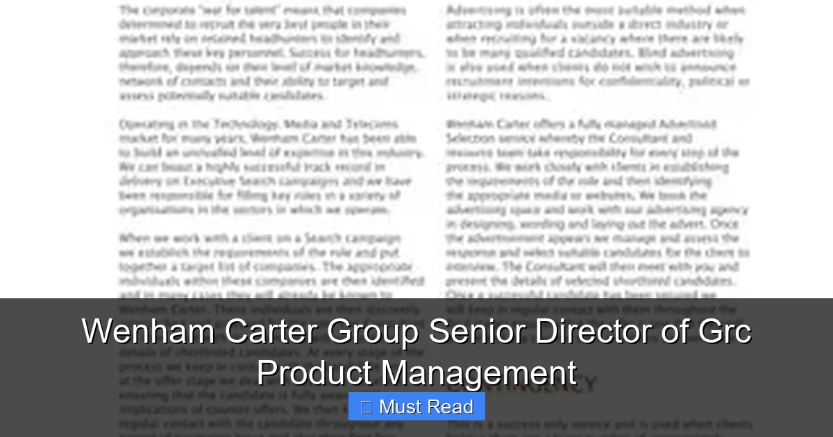 Wenham Carter Group Senior Director of Grc Product Management