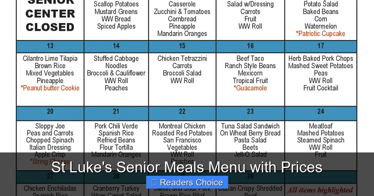 St Luke's Senior Meals Menu with Prices