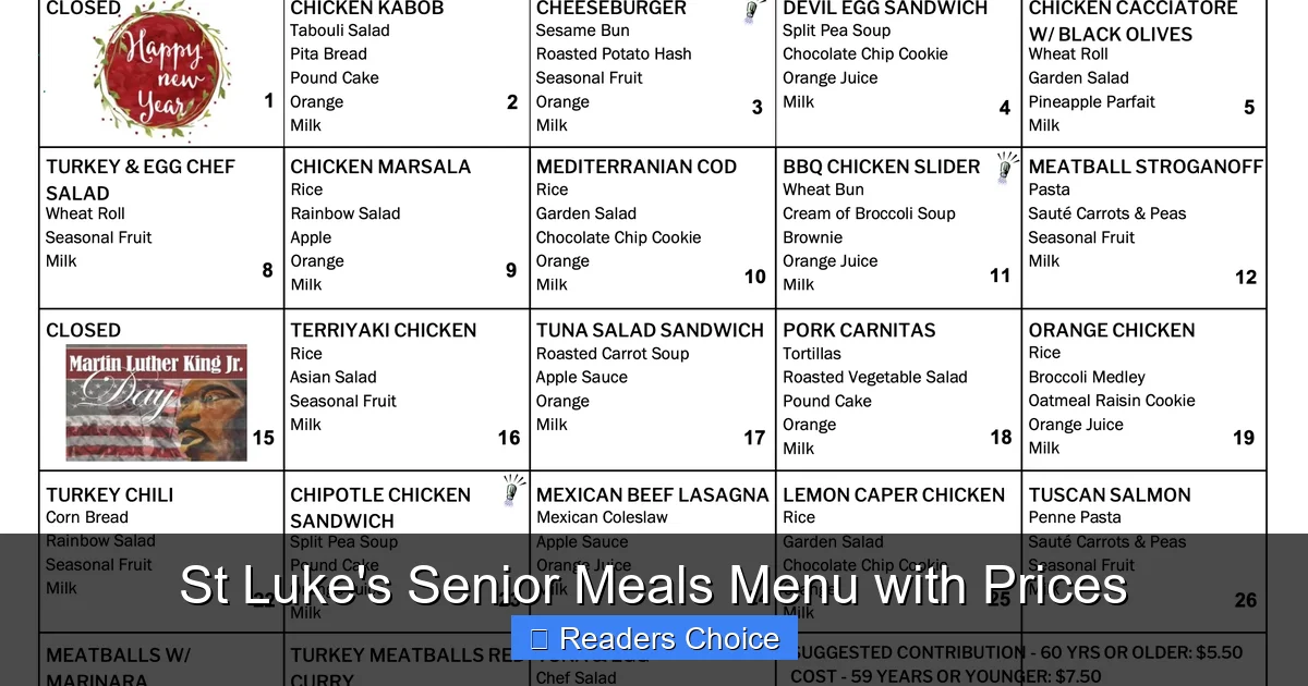 St Luke's Senior Meals Menu with Prices