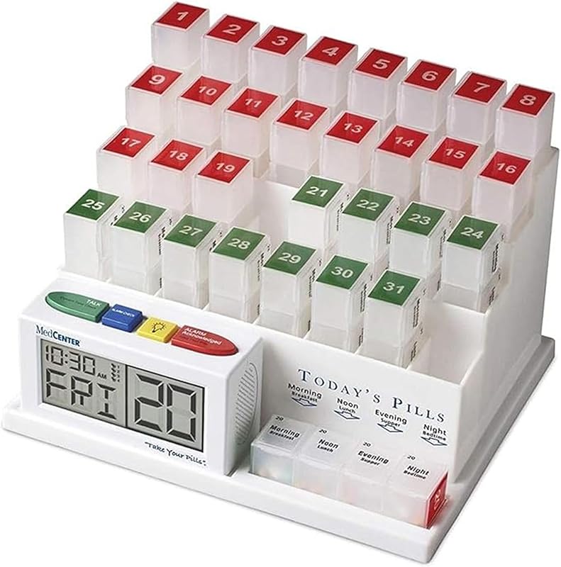 Medcenter Monthly Pill Organizer System with 4 Daily Alarms and Talkin