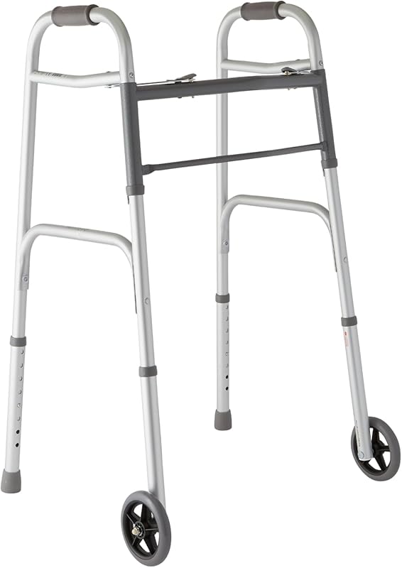 Medline Lightweight Two-Button Folding Walker with 5-Inch Wheels, Alum