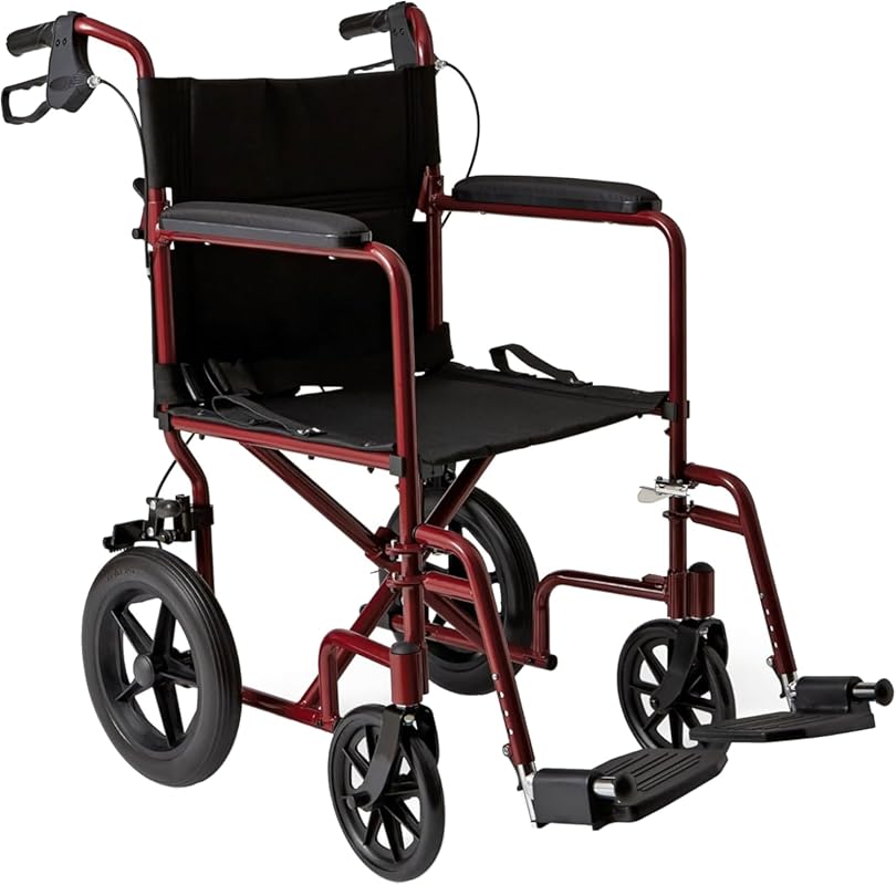 Medline Lightweight Foldable Transport Wheelchair with Handbrakes, 12-