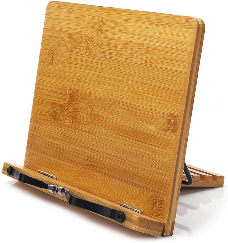 wishacc Bamboo Book Stand for Cookbooks, Textbooks: Adjustable Tray wi
