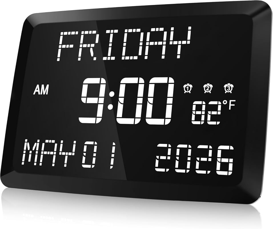 Raynic 11.5-Inch Digital Calendar Clock: Day and Date, Temperature, Br
