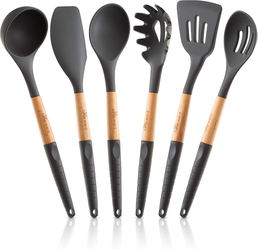 Cookward 6-Piece Silicone Cooking Utensils Set: Natural Wood Handles, 