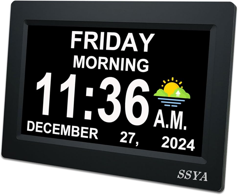 SSYA 7-Inch Calendar Clock for Impaired Vision: 12 Alarms, Level 5 Aut
