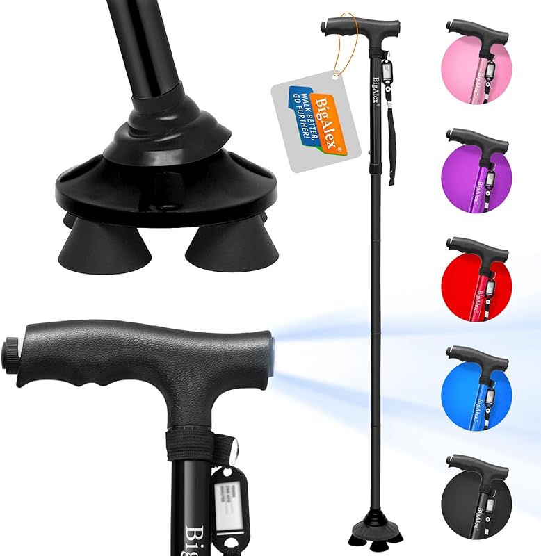 BigAlex Folding Walking Cane: LED Light, Pivoting Quad Base, Adjustabl