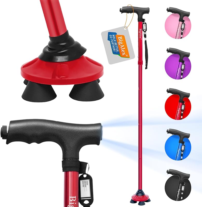 BigAlex Folding Walking Cane: LED Light, Pivoting Quad Base, Adjustabl