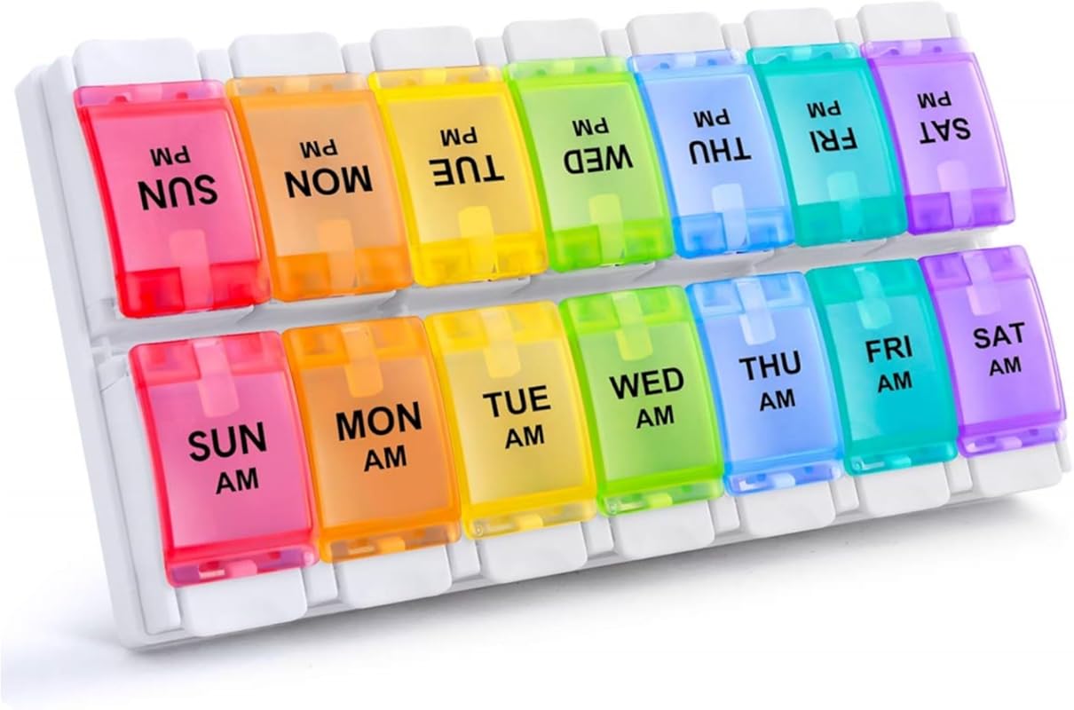 Sukuos AM/PM Weekly Pill Organizer, Push Button Design, Large 2x Daily