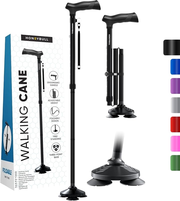 HONEYBULL Walking Cane: Foldable, Adjustable, Heavy Duty, Free Standin