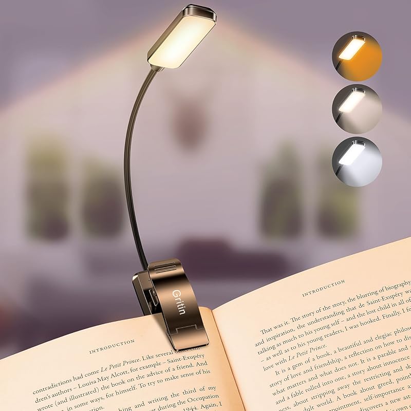 Gritin 9 LED Rechargeable Clip-On Book Light: Eye-Caring 3 Color Tempe