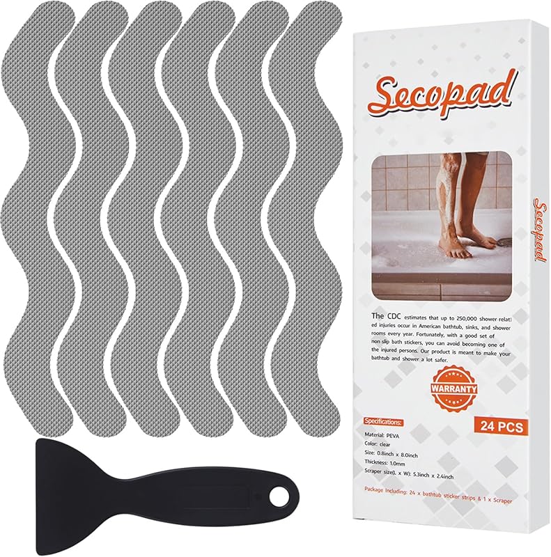 Anti Slip Shower Stickers - 24 Gray Strips with Scraper for Tub, Showe