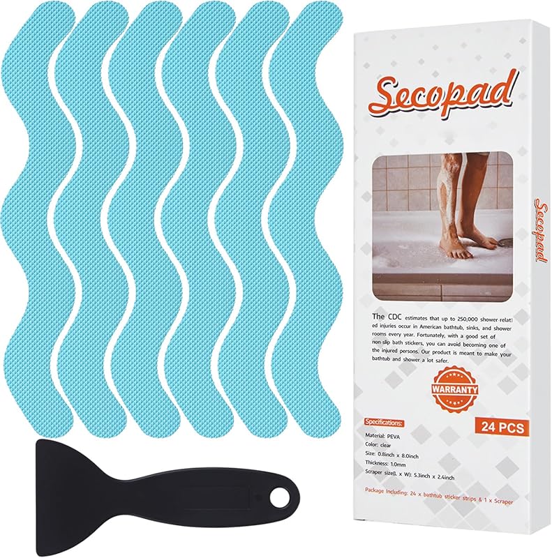 Anti Slip Shower Stickers - 24 Blue Strips with Scraper for Tub, Showe