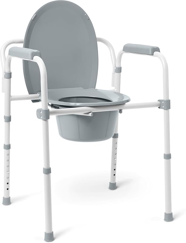 Medline 3-in-1 Folding Steel Bedside Commode with Elongated Seat, 350 