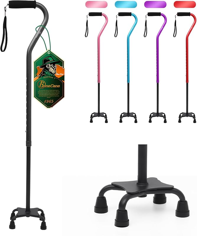 BeneCane Quad Cane with Offset Cushioned Handle, Adjustable for Men & 