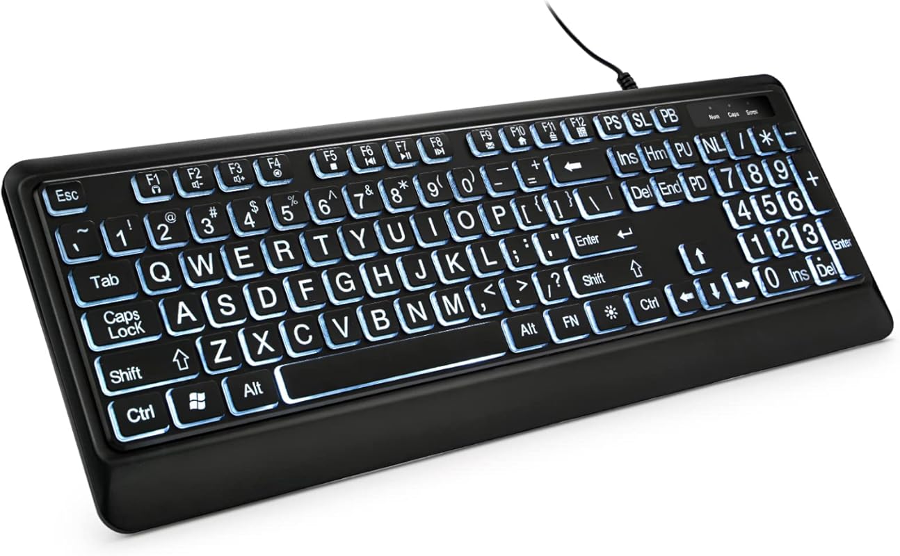 Large Print Backlit Keyboard White LED Backlight USB Wired Full Size f