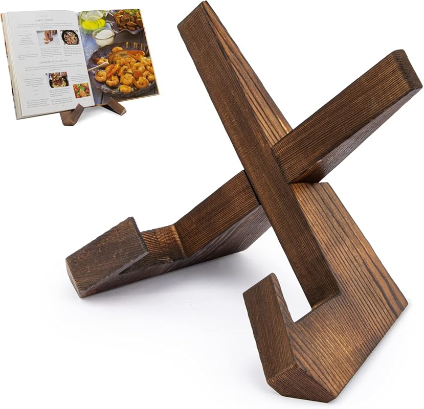 PUERSI Cookbook Stand: Wooden for Kitchen Counter, Rustic Recipe Book 