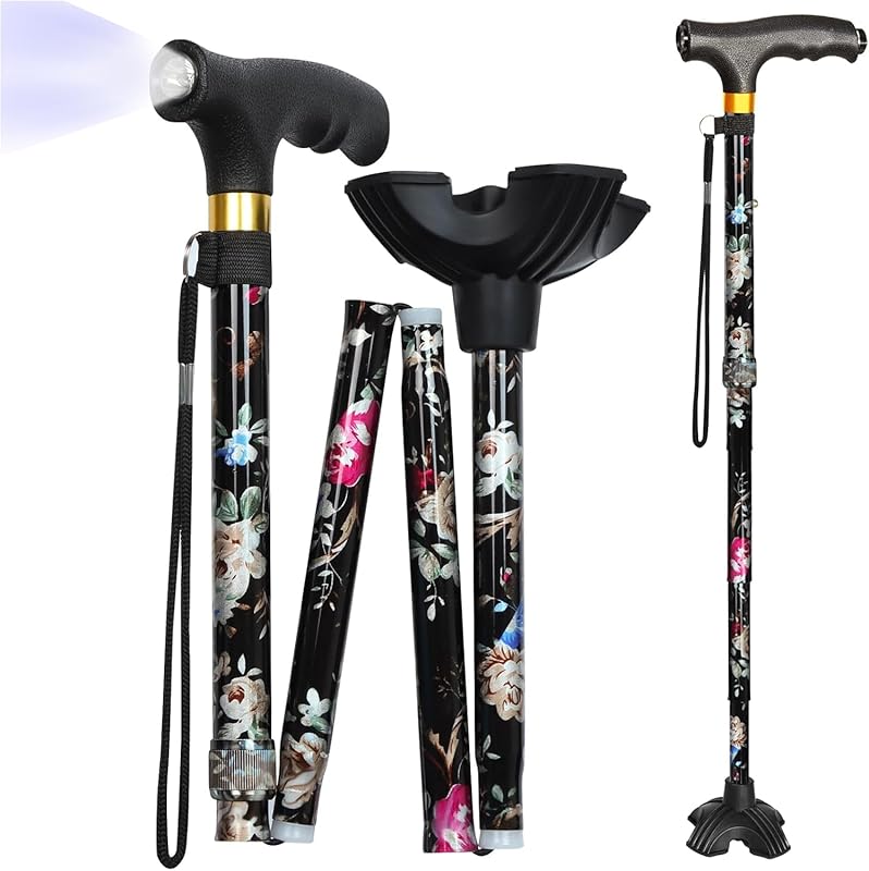 Walking Cane with LED Light: Foldable Adjustable Self-Standing with Qu