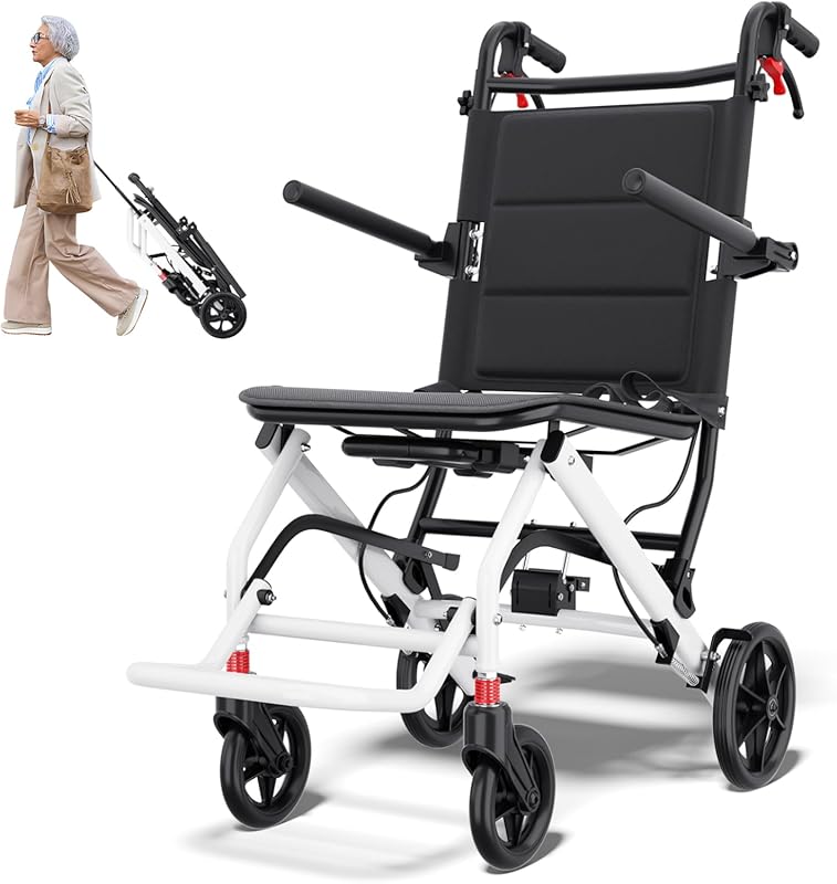 Super Lightweight Transport Wheelchair with Locking Hand Brakes, Foldi