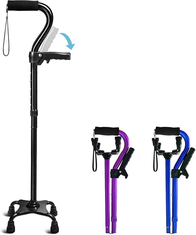 Adjustable Quad Cane with 4-Pronged Base for Stability, Foldable, Foam