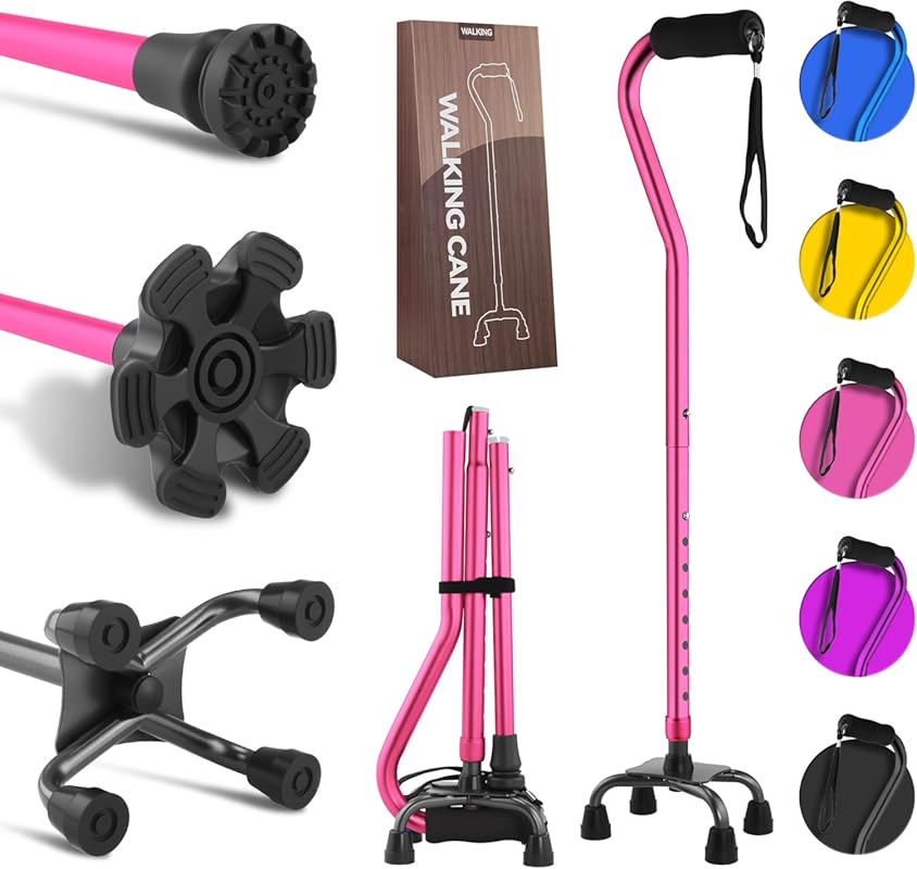 LIXIANG Quad Cane for All Users: Foldable, Adjustable, Heavy Duty, Fre