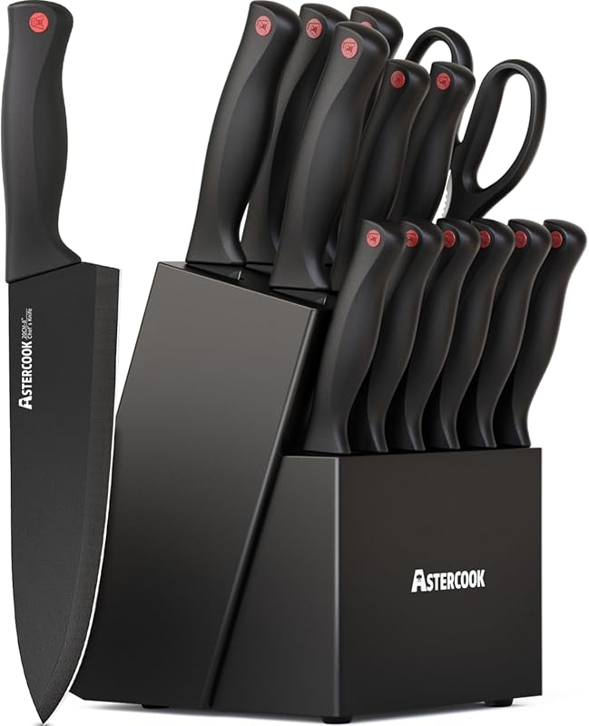 Astercook 15-Piece Kitchen Knife Set with Block and Built-in Sharpener