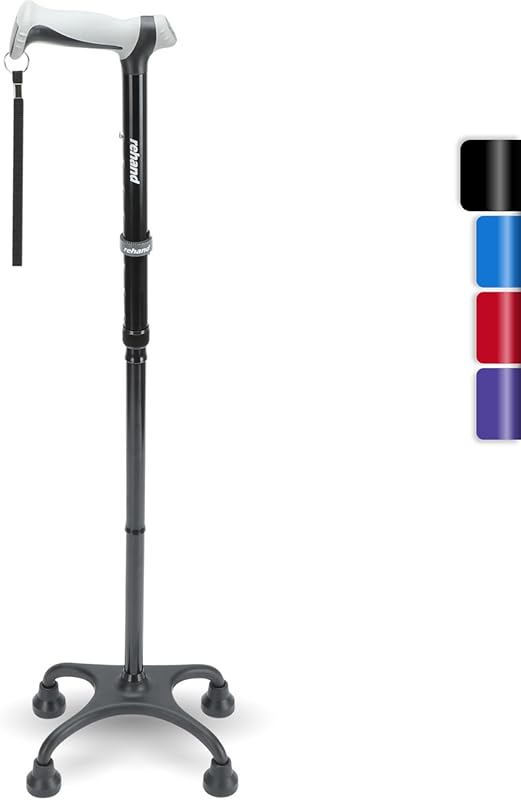 Rehand Quad Cane: Ergonomic Handle, 4-Pronged Base for Stability, Adju