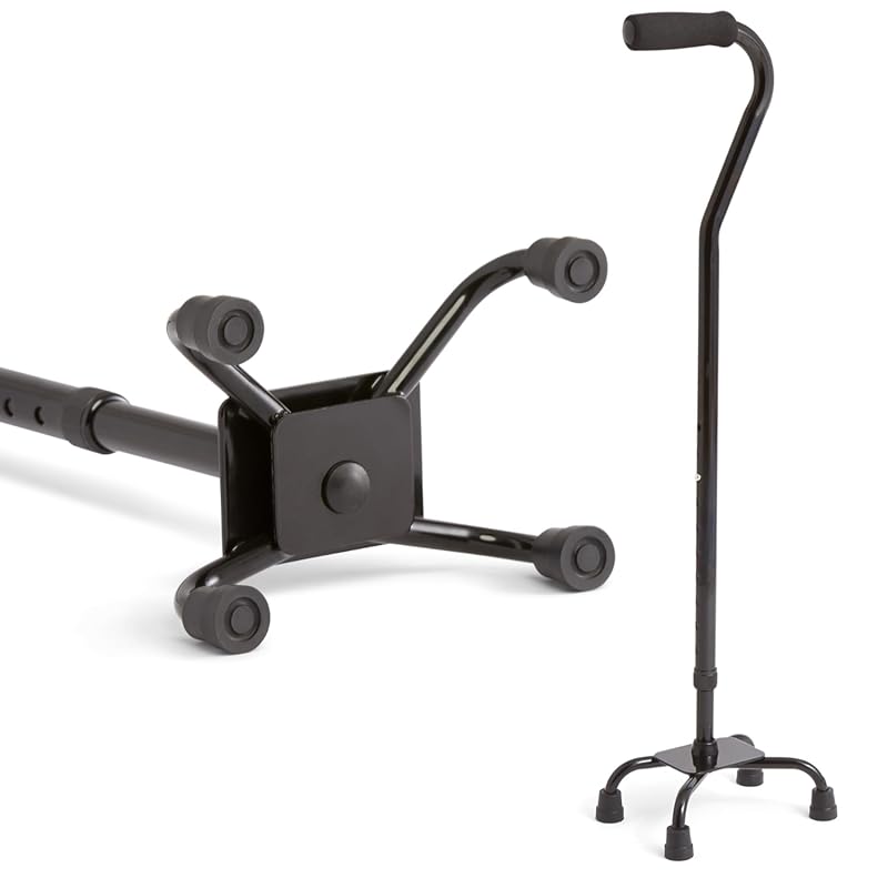 Medline Quad Cane: Aluminum, Small Base for Balance, Adjustable 29-38