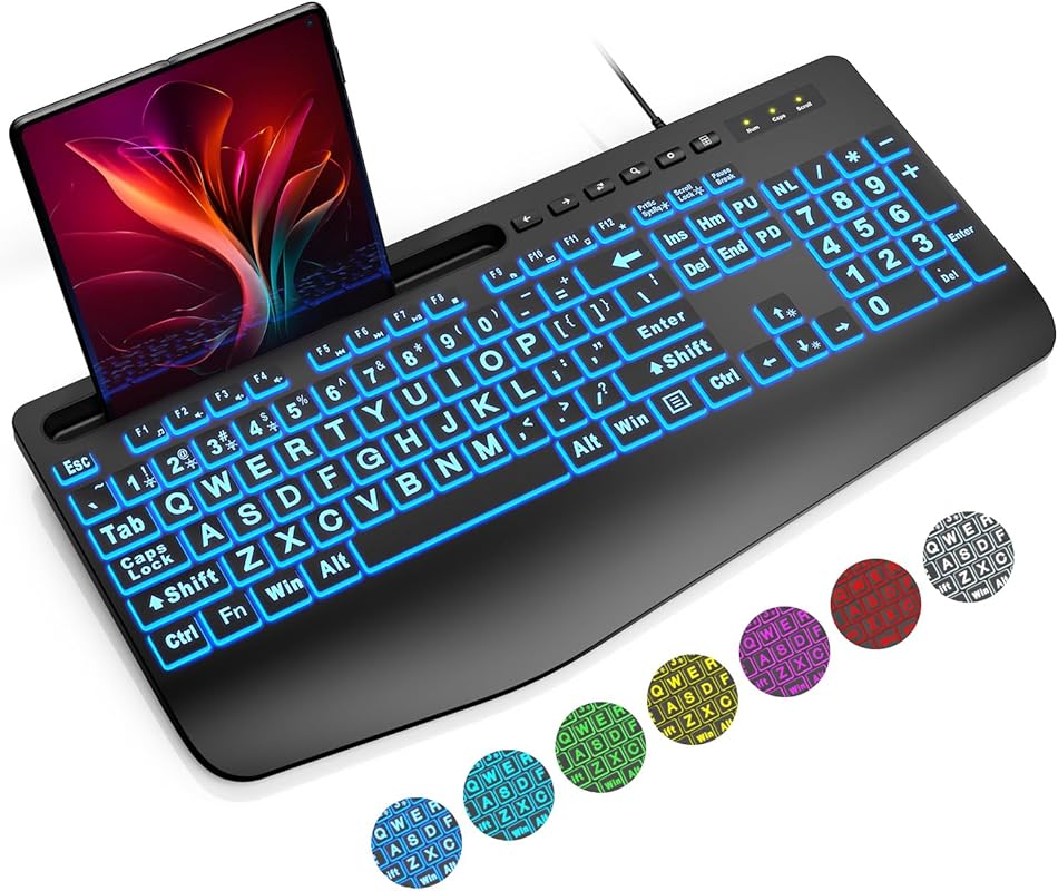 SABLUTE K21 Pro Large Print Backlit Wired Keyboard with 7-Color Backli