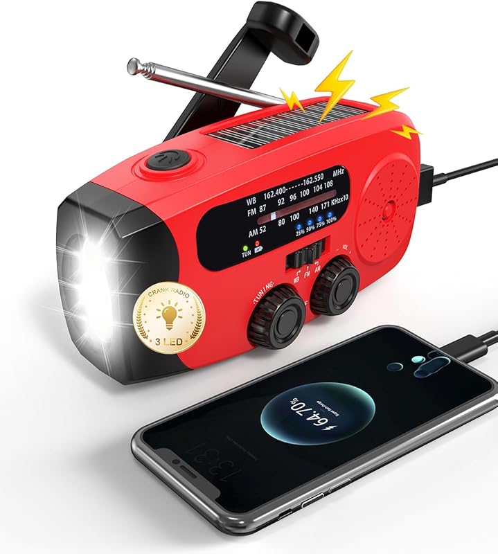 086S Hand Crank Emergency Radio with 2000mAh Solar Power, AM/FM/NOAA B