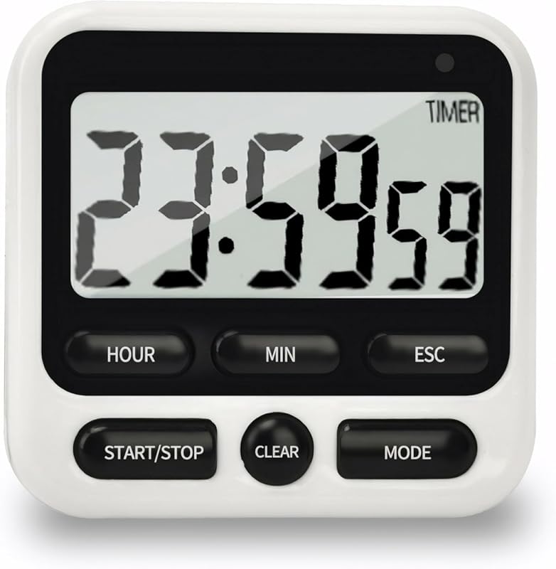 Digital Kitchen Timer with 24-Hour Clock & Alarm, Silent or Loud Manua
