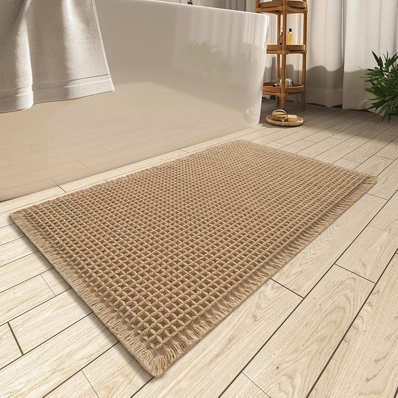 AMOAMI Upgraded Waffle Bath Mat: Super Absorbent, Non-Slip, Rubber Bac
