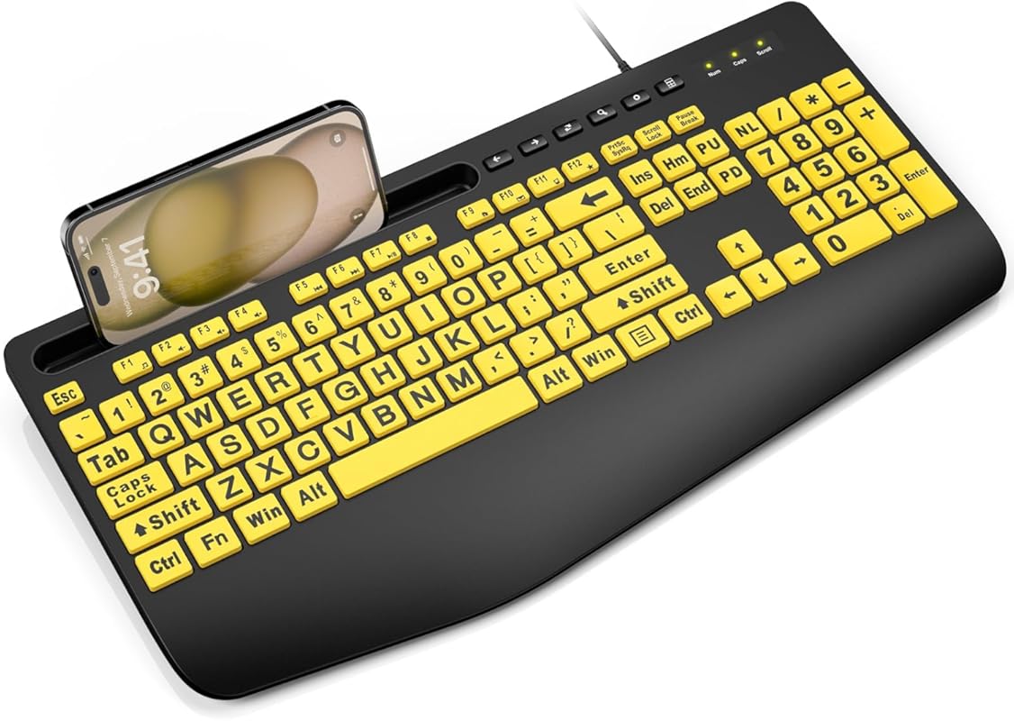 SABLUTE Large Print Wired Keyboard with Wrist Rest, Phone Holder, Over