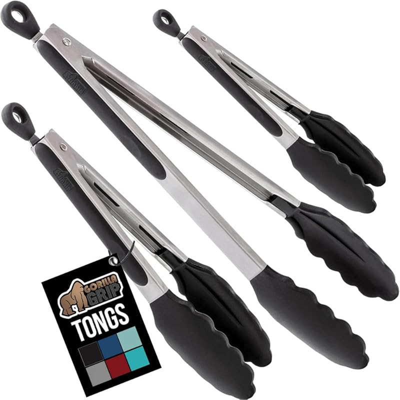 GORILLA GRIP 3-Piece Stainless Steel Heat Resistant Tongs - 7,9,12 Inc