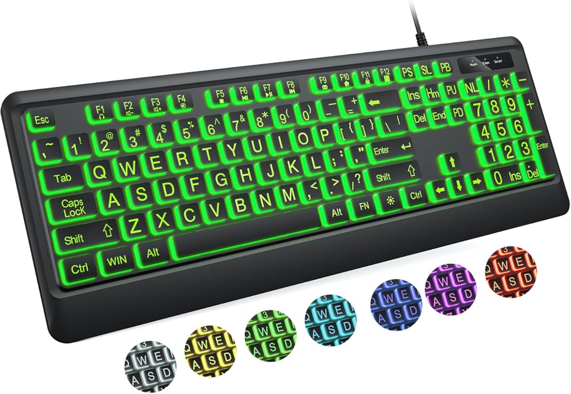 Large Print Keyboard 7-Color Interchangeable Backlight USB Wired Plug-
