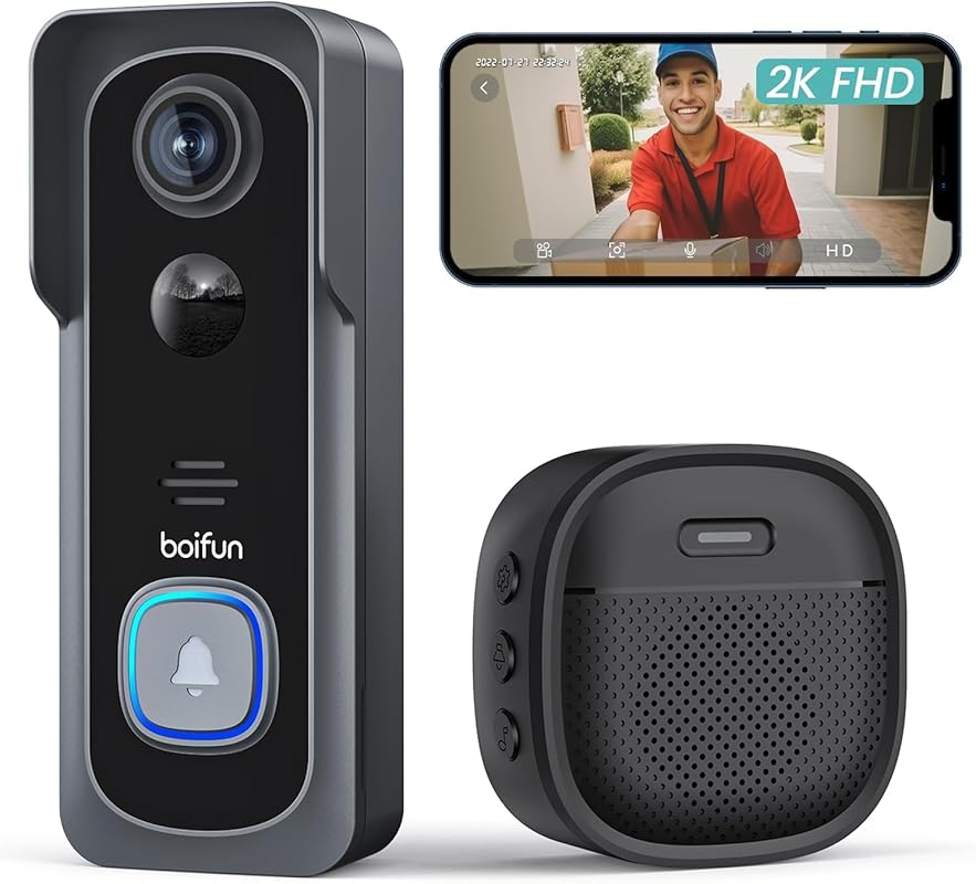 BOIFUN Video Doorbell with Chime: 2K, 166° View, HDR Night Vision, Two
