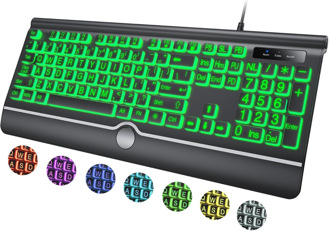 Large Print Backlit Keyboard featuring 7-Color Backlight, Wrist Rest, 