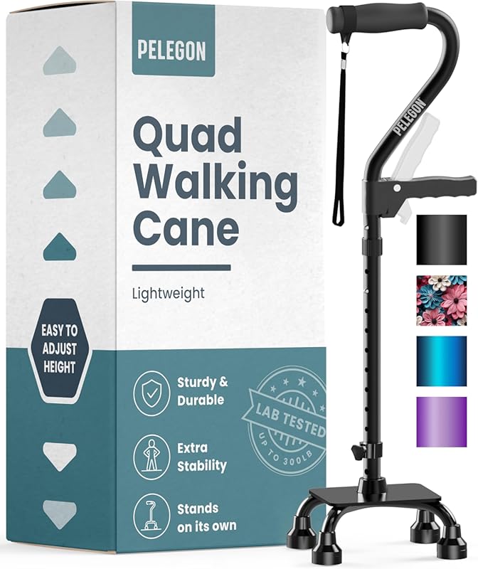 PELEGON Quad Cane with Large 4-Pronged Base for Stability, Adjustable,