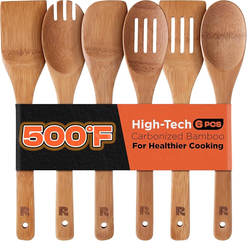 Riveira 6-Piece Bamboo Wooden Kitchen Utensil Set: Dark Spoons and Spa