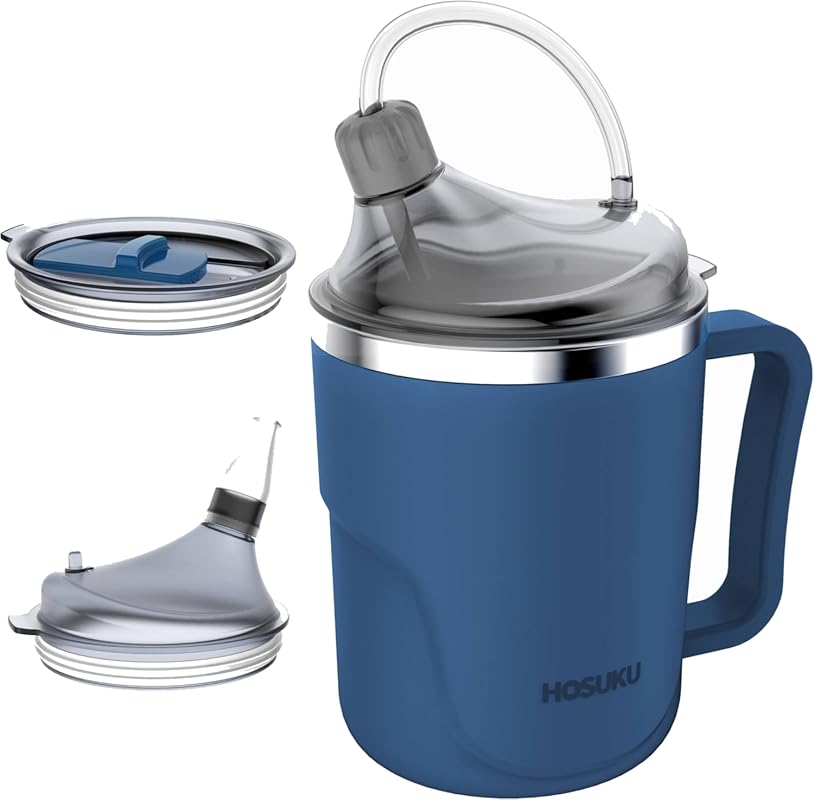 13.5oz Spill-Proof Stainless Steel Sippy Cup with Straw for Elderly an