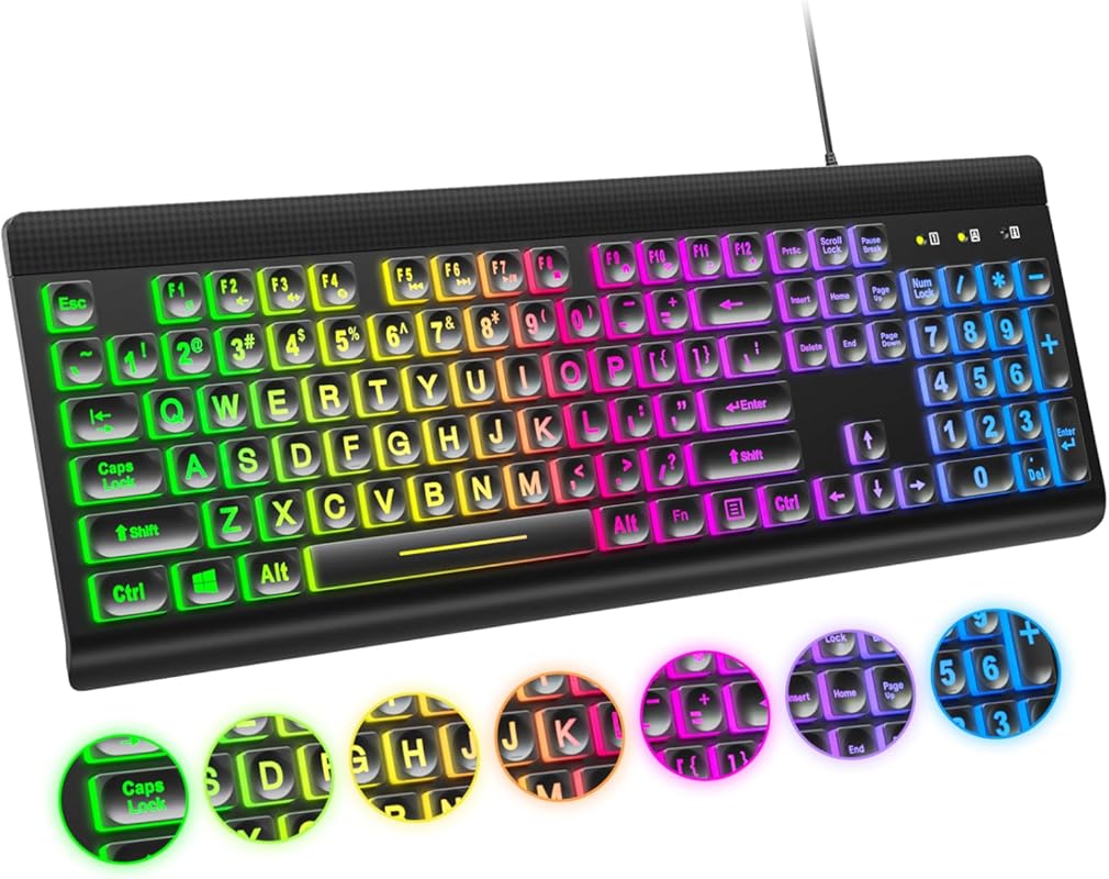 Large Print Backlit Keyboard Rainbow Illuminated LED USB Wired Full Si