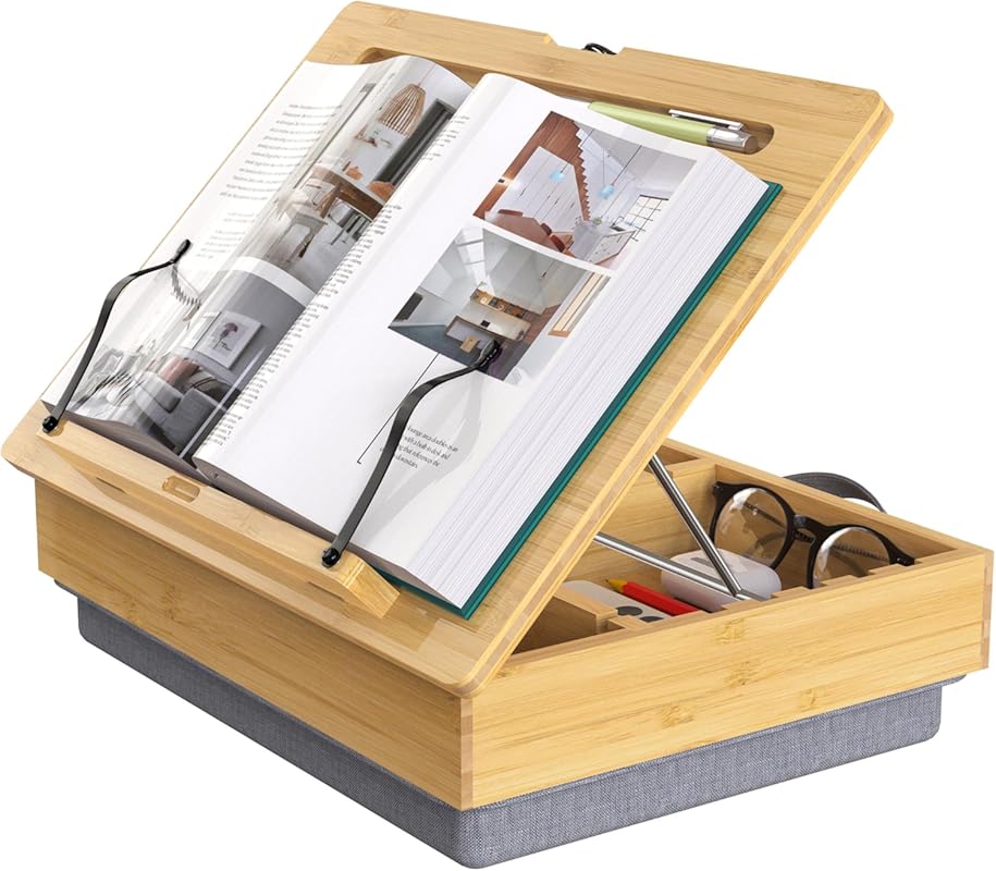 AboveTEK Book Stand with Storage, Adjustable Bamboo Book Holder with S