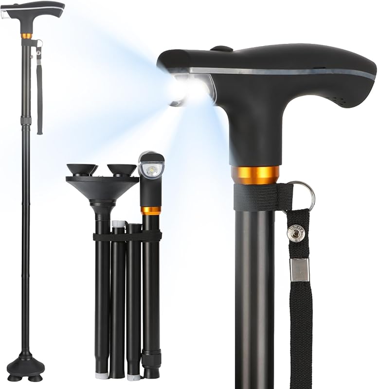 Walking Cane with LED Light, Foldable Adjustable Collapsible Free-Stan