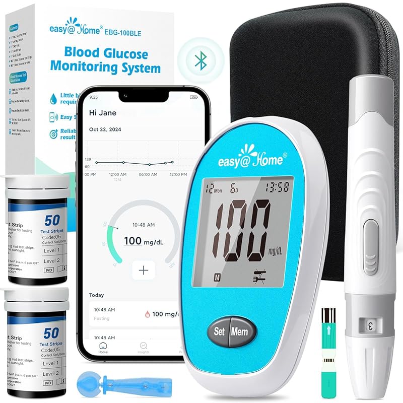 Easy@Home Wireless Glucose Monitor Kit with Free GlucoseEase App, 100 