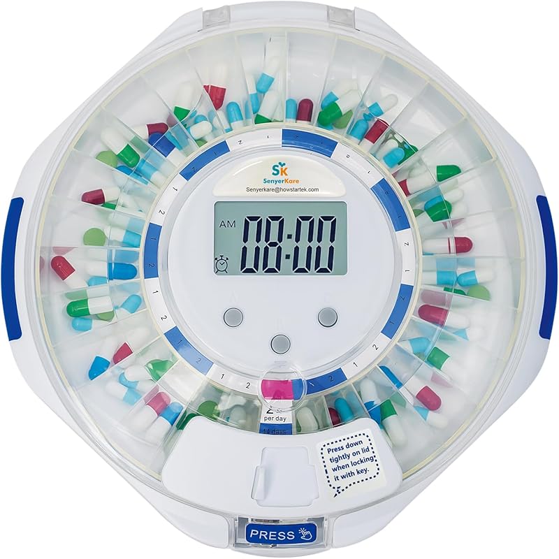 SenyerKare 28-Day Pill Dispenser: Alarm, Alzheimer's Care, Easy-Read L