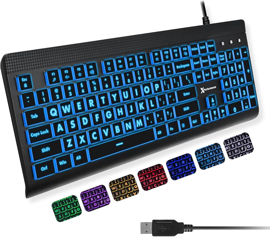 X9 Large Print Backlit Keyboard: 7-Color LED Backlight, Full Size Over