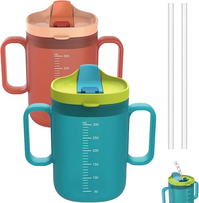 2 Pack Spill Proof Senior Sippy Cups: Silicone with 2 Handles, Straw &