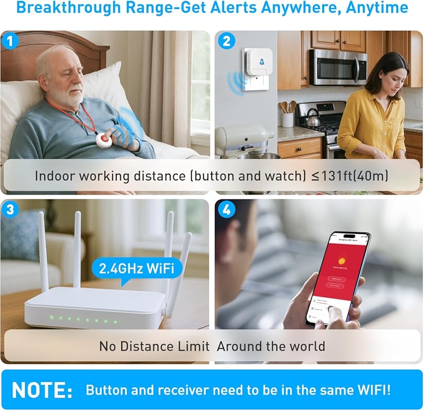 WiFi Caregiver Pager System with SOS Alert Watch, 2 Wireless Call Butt