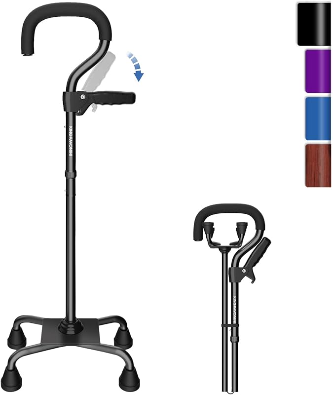 KingPavonini Quad Cane: Second Handle, Foldable Adjustable, 4-Pronged 