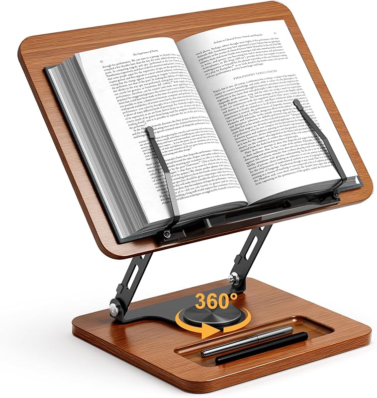 360° Rotating Book Stand with Adjustable Height Angle, Page Clip for C